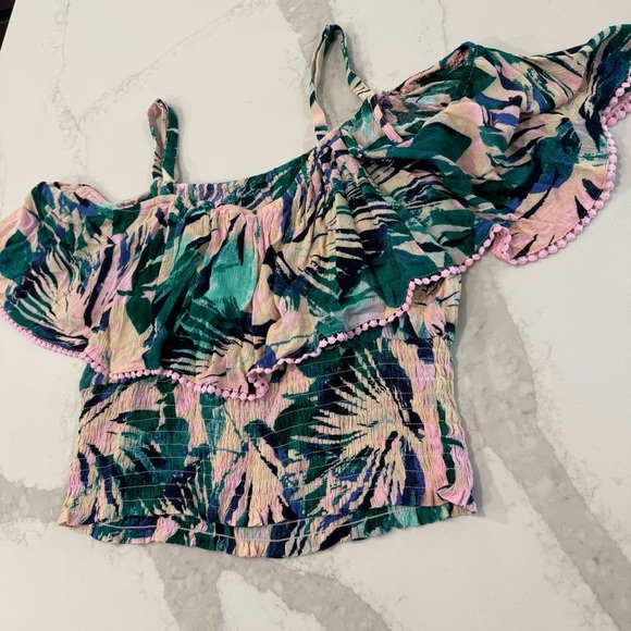 Torrid NWT Crinkle Gauze Cold Shoulder Top Womens 1 Pink/Green Tropical Palm - Picture 8 of 9